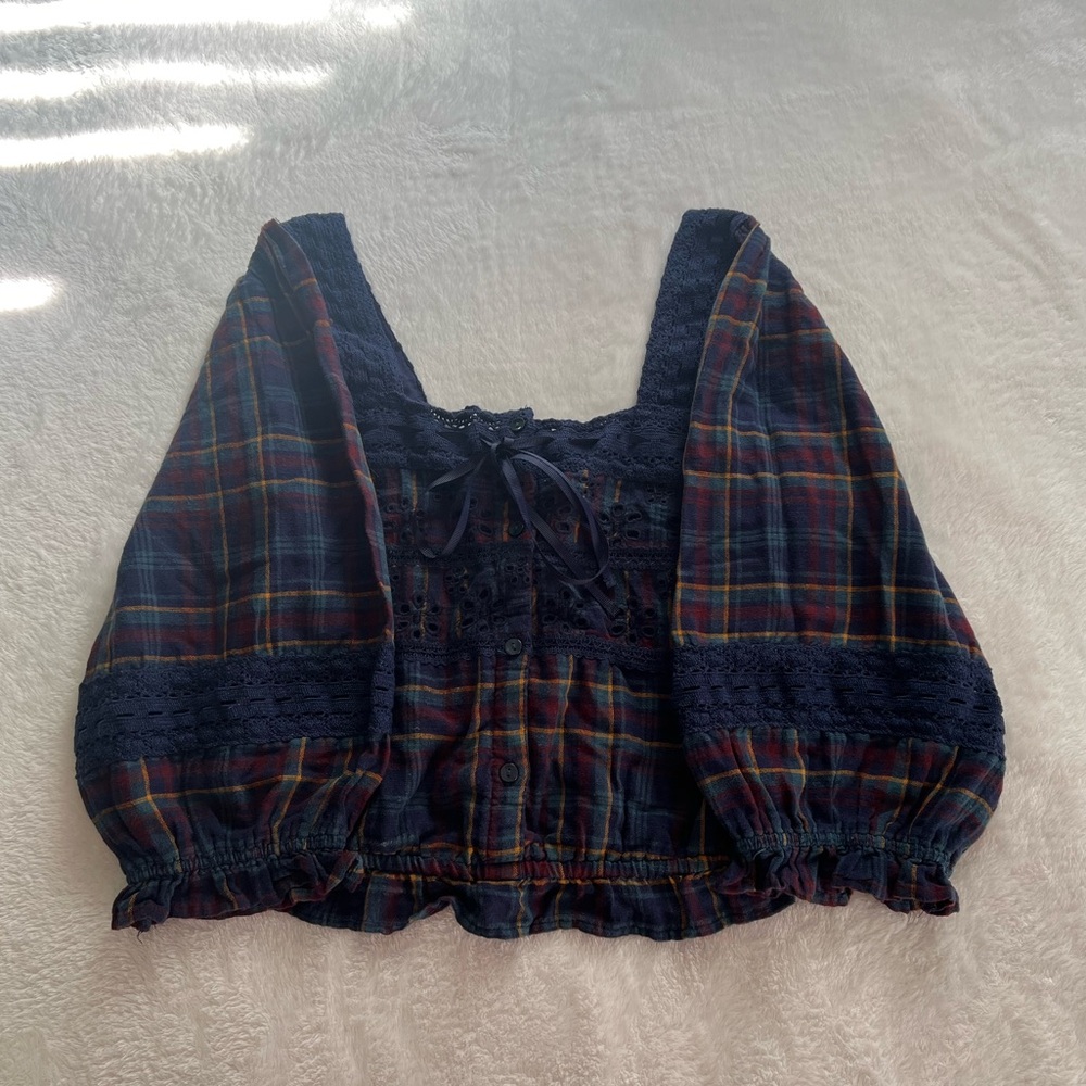AE Plaid Lace Puff-Sleeve Blouse